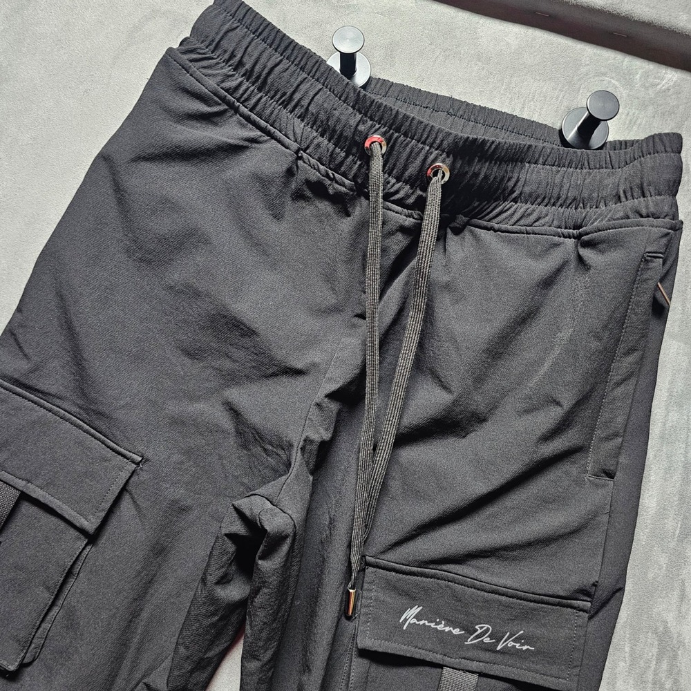 Maniere De Voir Womens Black Cargo Techwear Pants Small Elastic Waist Zipper Hem